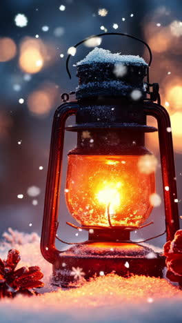 a lantern is lit in the snow, creating a warm and cozy atmosphere. the lantern is surrounded by pine cones, adding a touch of nature to the scene. vertical video