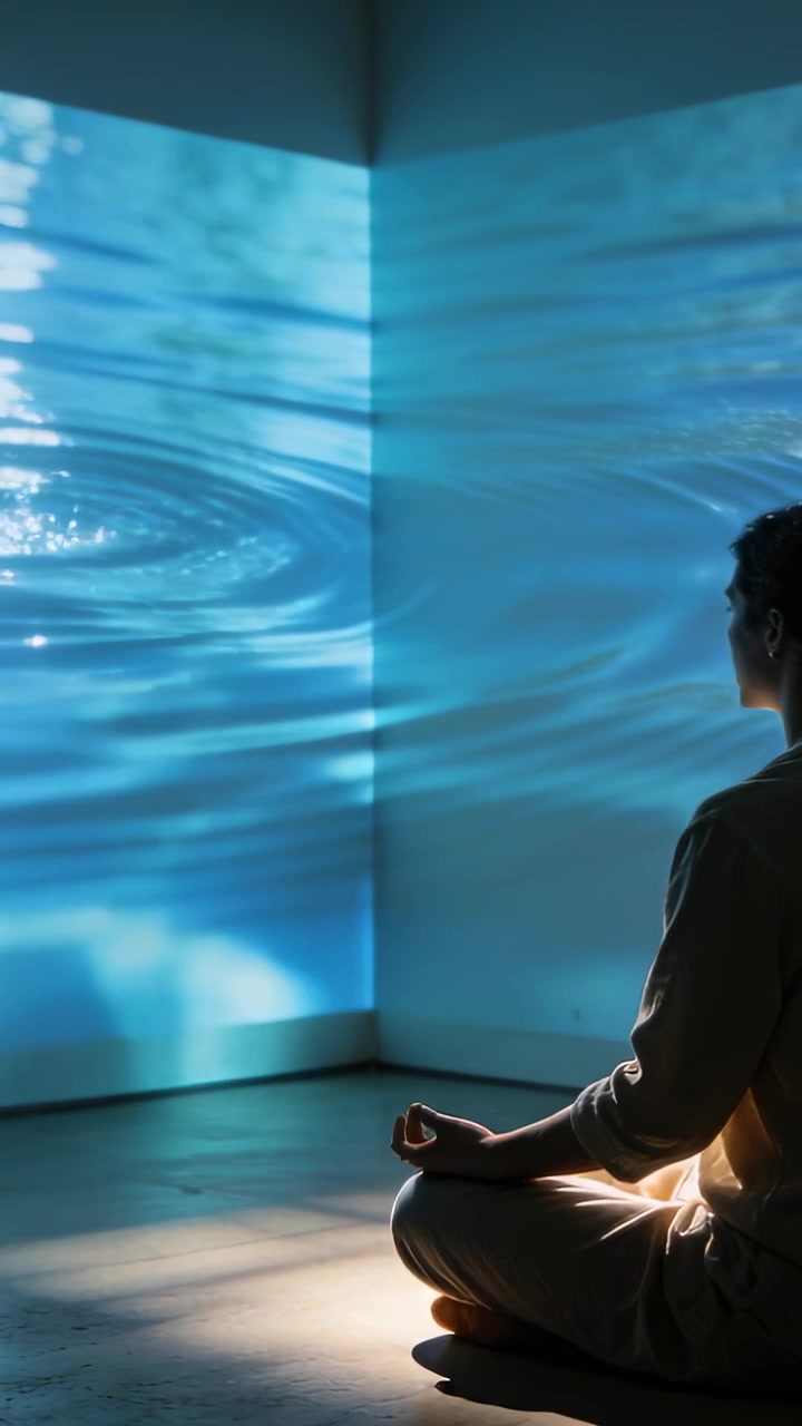 Video verticale: Meditante seduto in un angolo bianco con una proiezione che crea increspature blu, spazio per il testo.