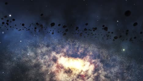 falling asteroid rocks and a galaxy rotating in space