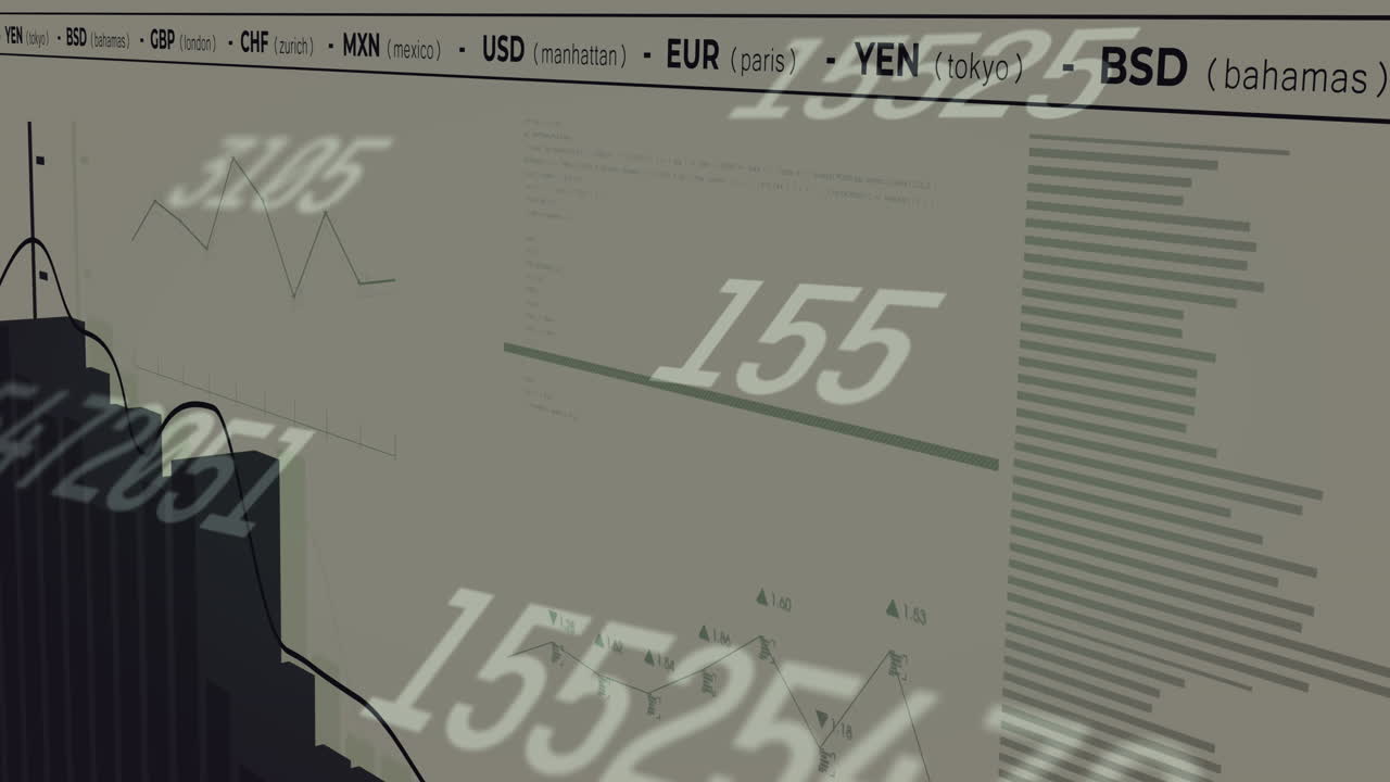 Animazione di elaborazione dati finanziari su sfondo bianco.