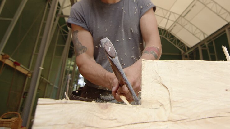 Carpenter using axe to cut out section of wood from timber log