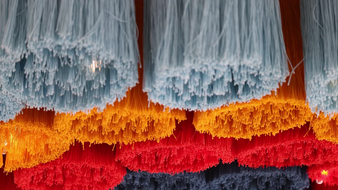 Vibrant tassels sway gently, showcasing a dynamic interplay of colors and textures in a lively environment