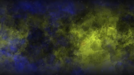 CGI-universe-zoom-through-of-stars-in-blue-yellow-cloudy-nebula-in-space,-wide-view