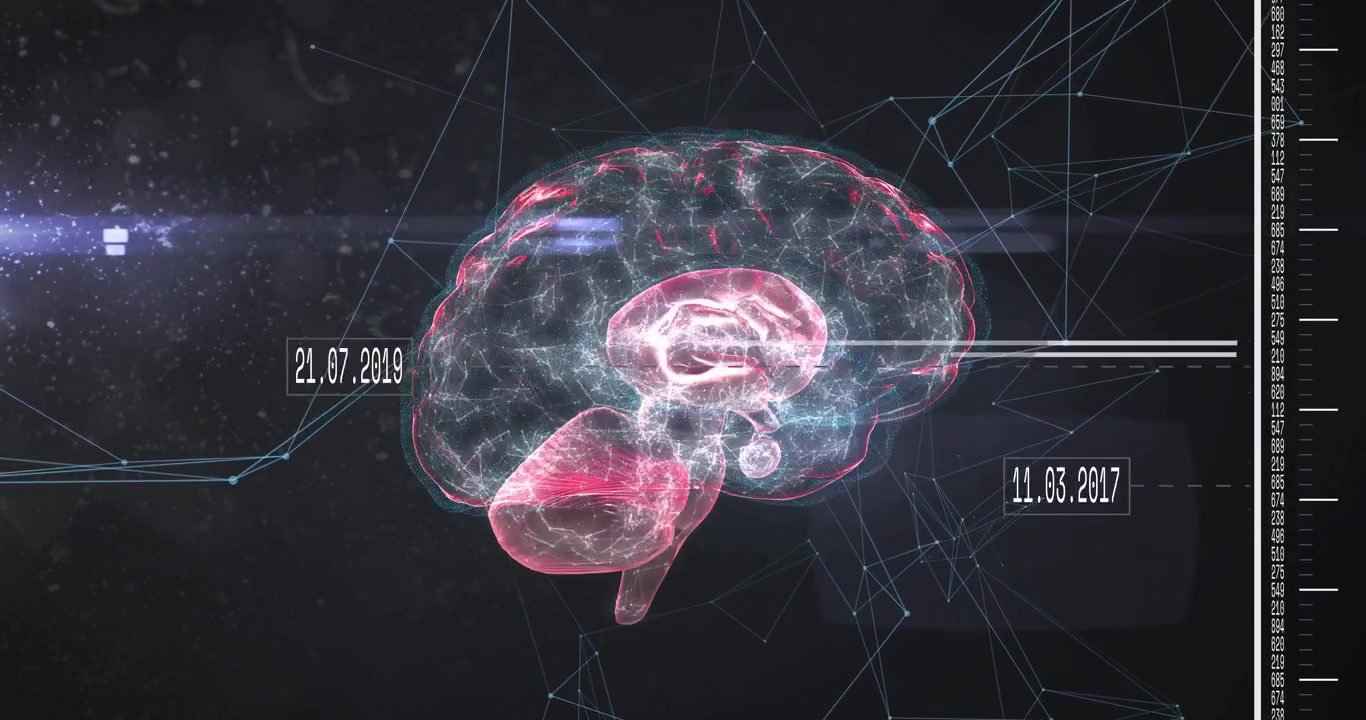 On start 3D brain rotating with sliding date stamps and pulsing network lines visualizing data flow