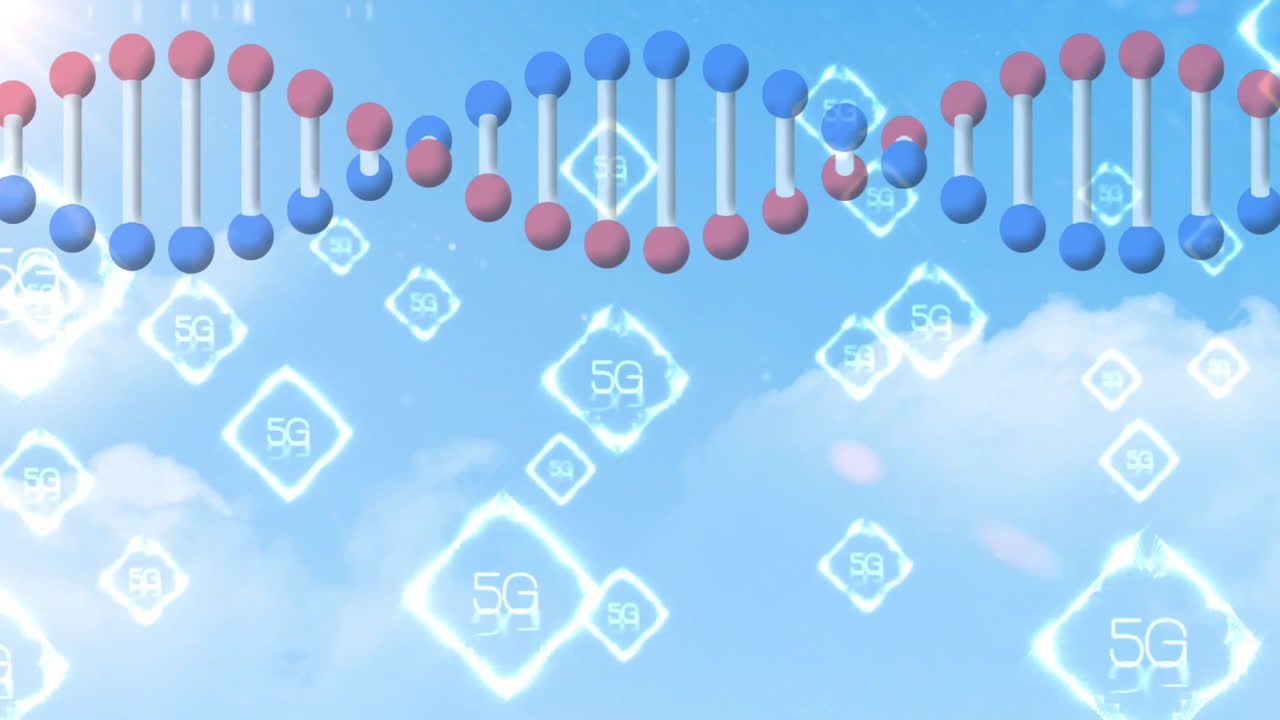 Animation of DNA strand and 5G symbols floating in blue sky background
