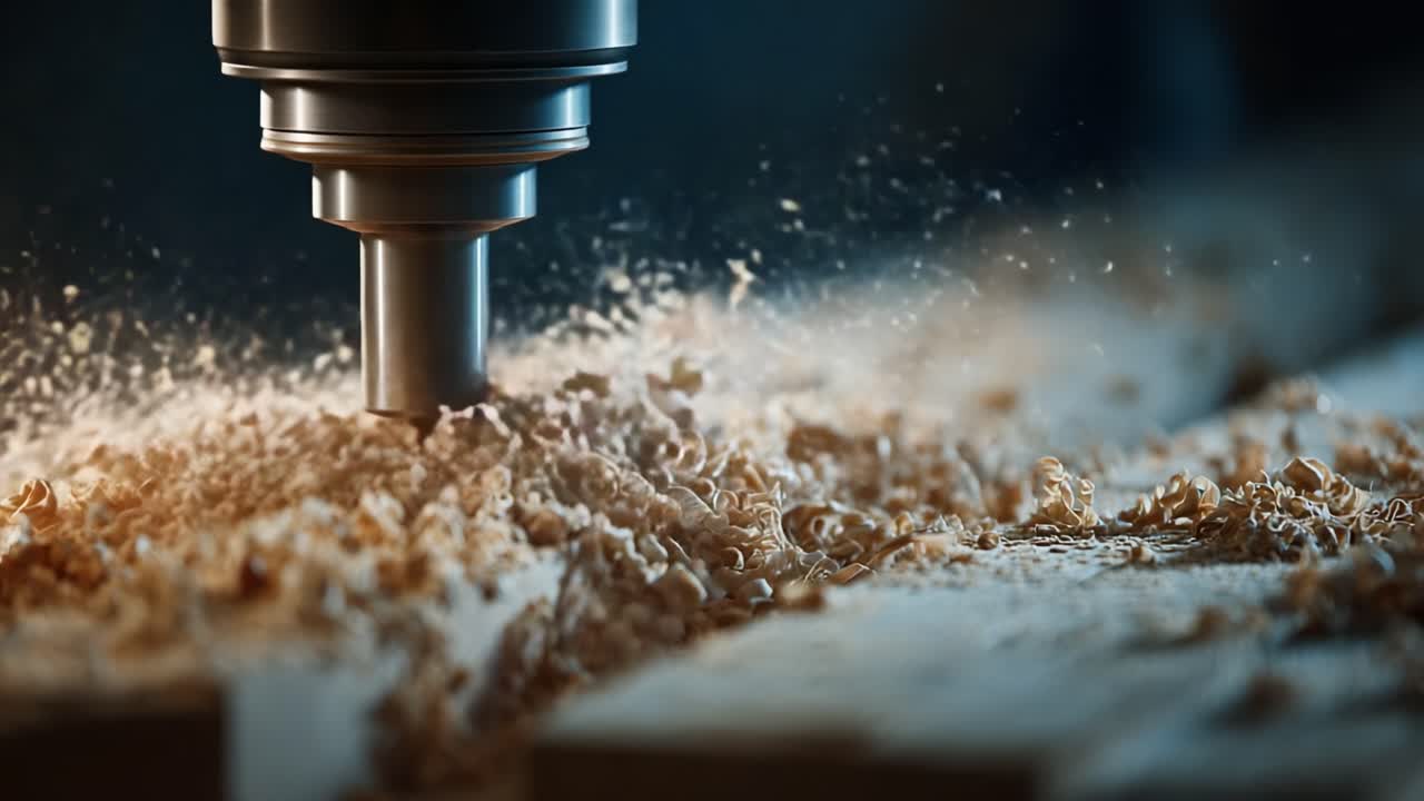 Lavorazione del legno di precisione in azione: cornici accattivanti mostrano l'intricato processo di lavorazione CNC mentre i trucioli volano e i dettagli emergono dal legname grezzo