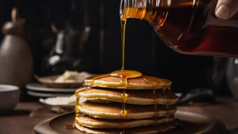 fresh maple syrup pouring on fresh pancakes