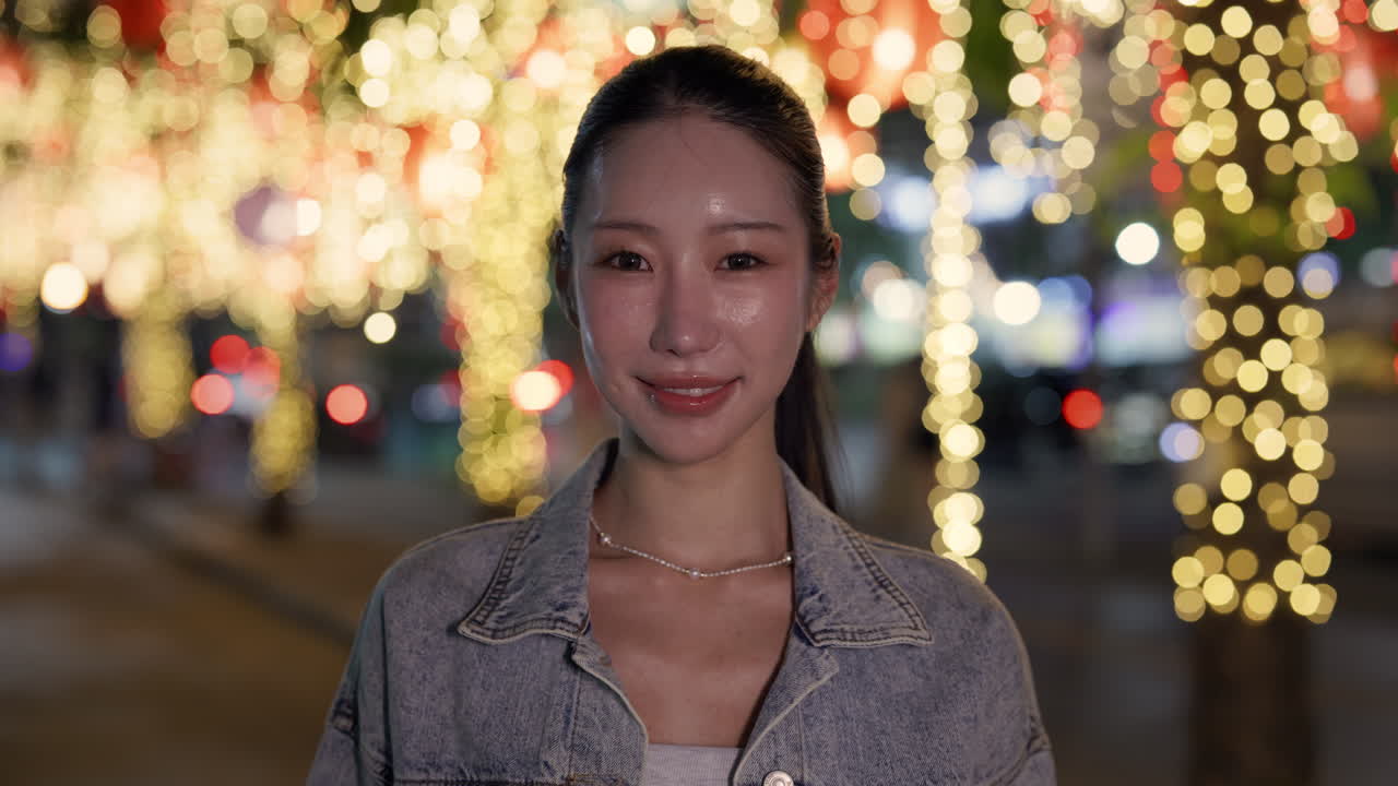 Portrait of a woman at night with lights in the background