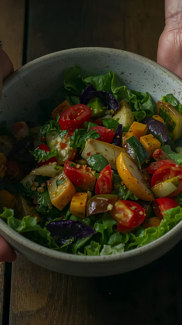 Vertical video: Lifting ceramic bowl at table, hands rotating and showing salad with bracelet
