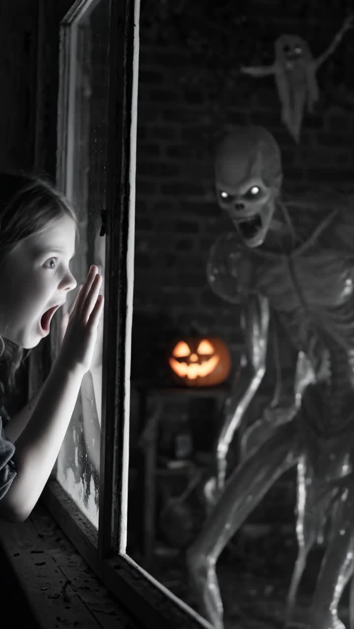 Little Girl Reacts to Spooky Halloween Decorations Outside Window
