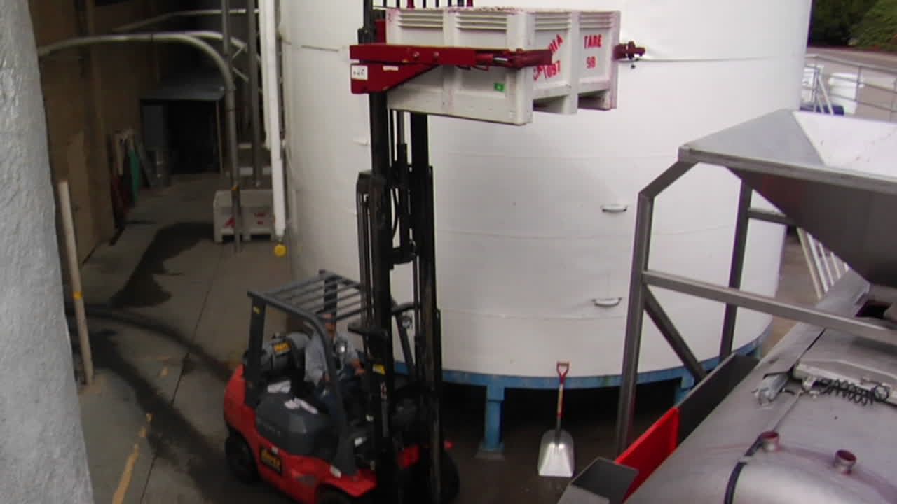 una carretilla elevadora entrega uvas trituradas a una prensa de vejiga para una mayor extracción de jugo