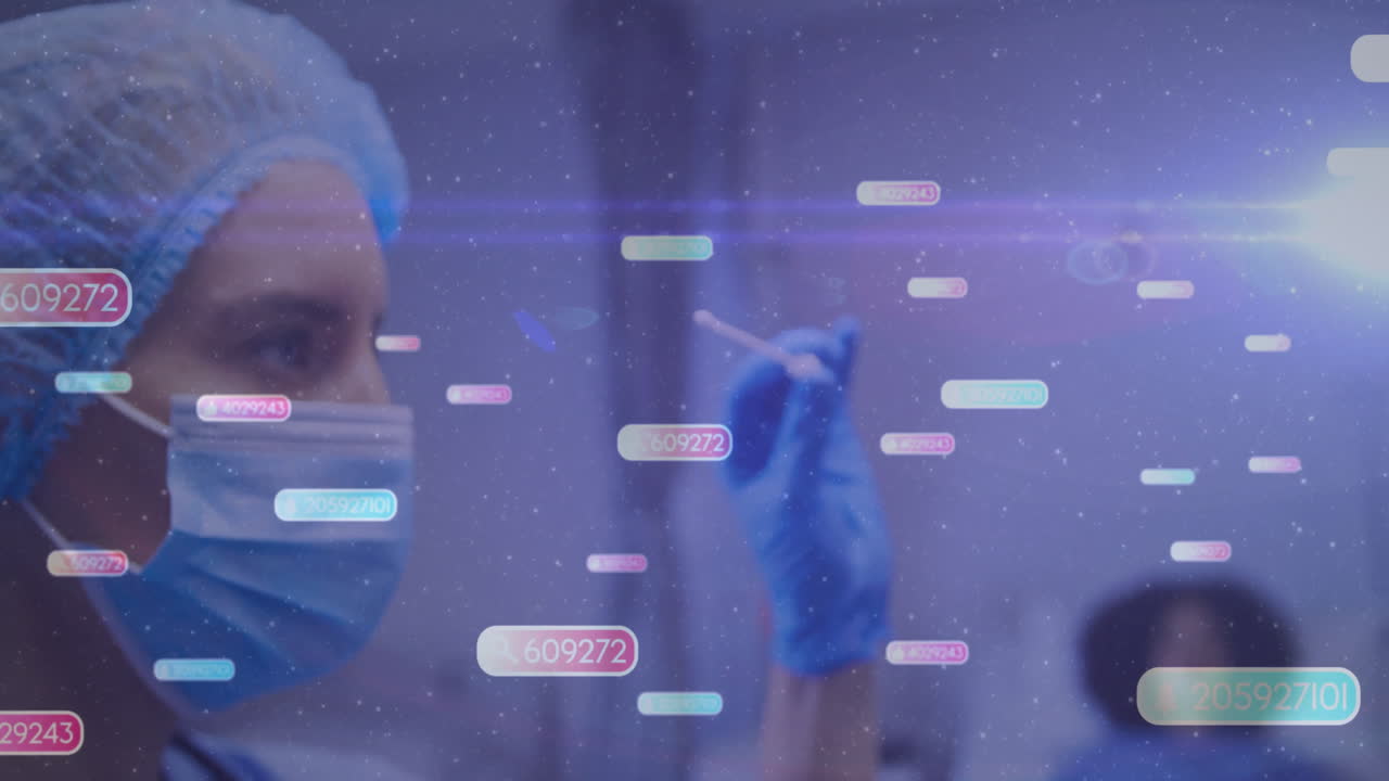 Mid-adult female medical professional examining cotton swab in lab, showing floating data overlays