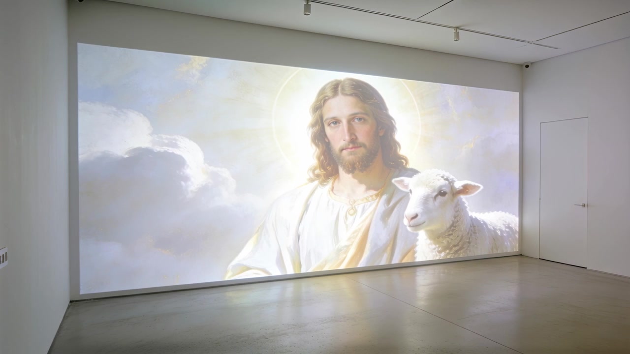 Proiettore che proietta una figura con veste bianca, fascia dorata e agnello su una parete della galleria per una mostra.