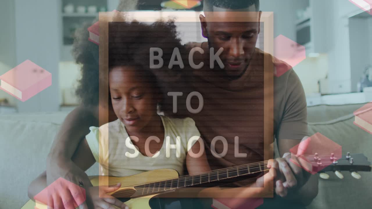 Animazione del testo Back to school su padre e ragazza afroamericani che suonano la chitarra