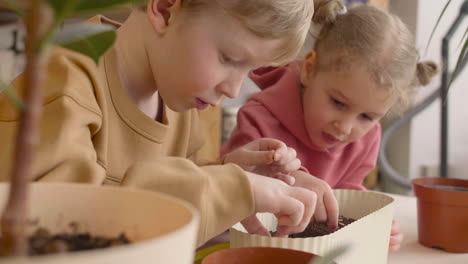 Close-Up-View-Of-Little-Blonde-Girl-And-Blond-Kid-Preparing-The-Soil-In-A-Pot-Sitting-At-A-Table-Where-Is-Plants-In-A-Craft-Workshop