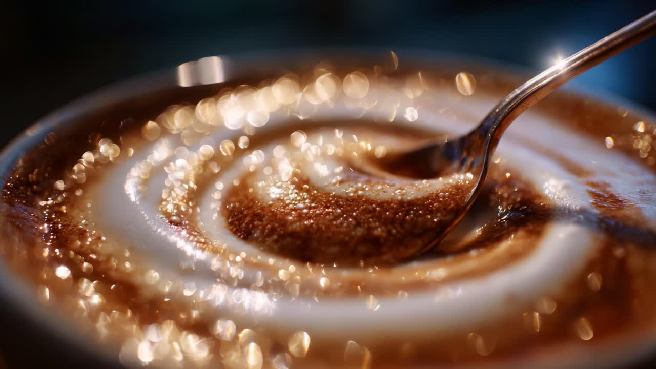 Primo piano di caffè fumante con panna e zucchero: armonia visiva di colori e texture catturata con illuminazione soffusa per creare un'esperienza invitante.