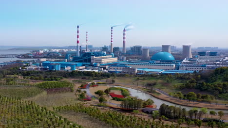 An-aerial-view-of-processing-and-production-of-chemical-pipes,-Oil-gas-storage-terminal-Petrochemical-refinery-plan