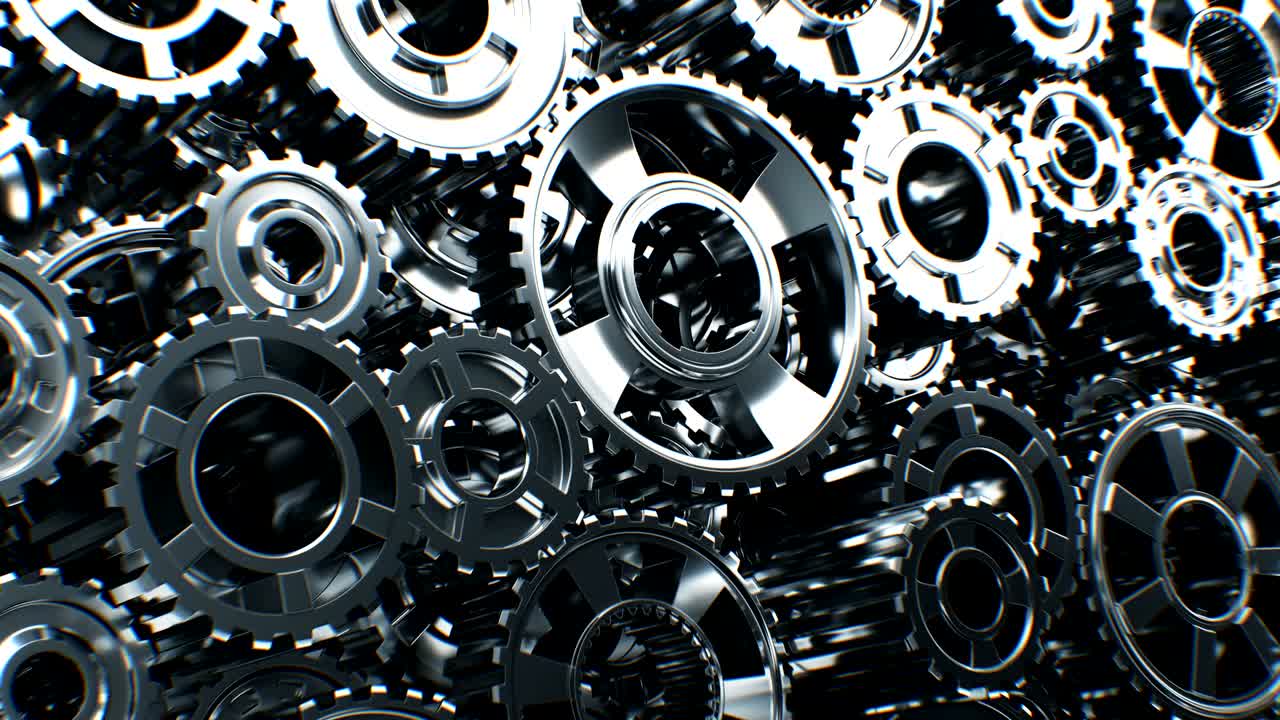 hermosa pared hecha de engranajes de acero giratorios sin costuras. animación 3d en bucle. proceso de trabajo abstracto. trabajo en equipo concepto de negocio y tecnología.