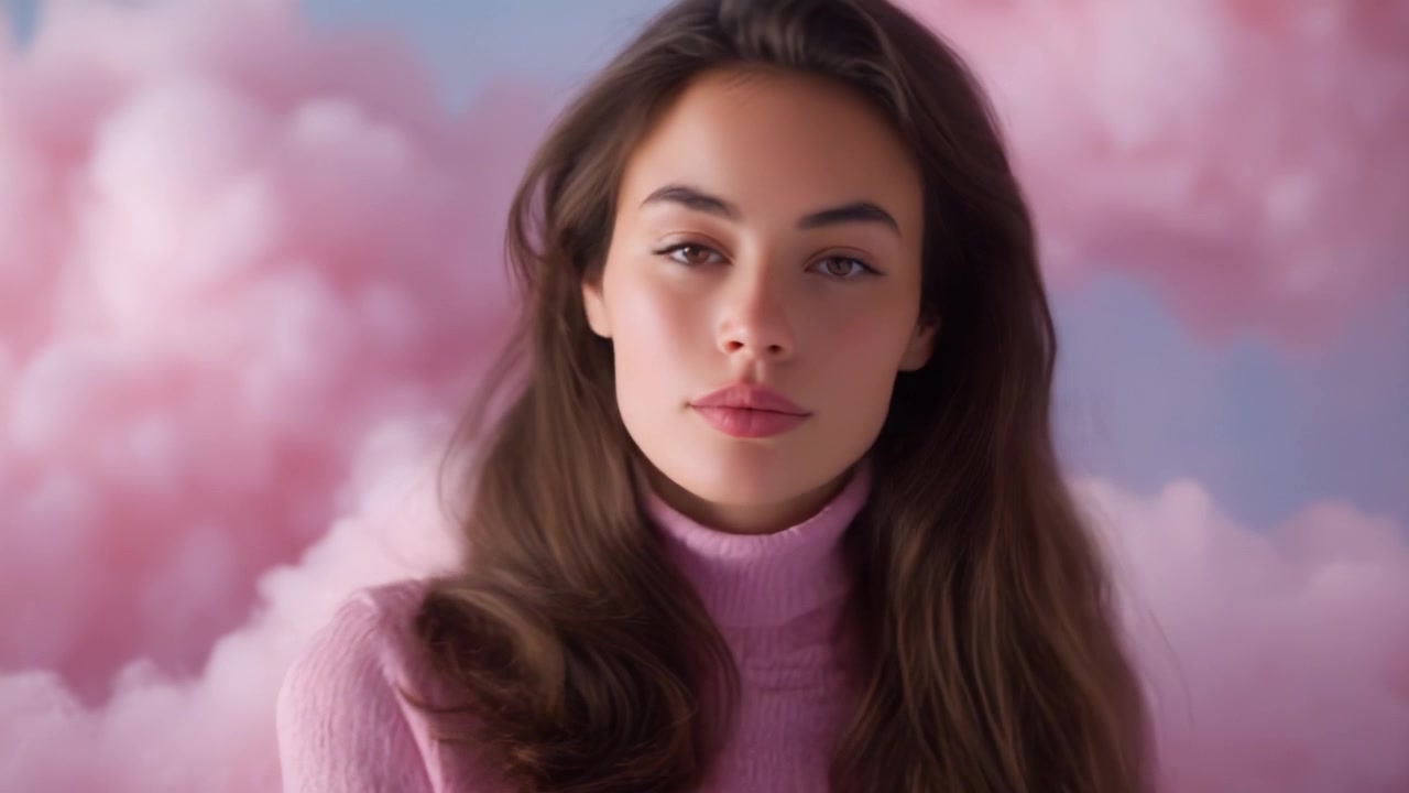 Ritratto radioso di una giovane donna dai tratti delicati su uno sfondo sognante di nuvole rosa, che emana eleganza e serenità in un'immagine accattivante.