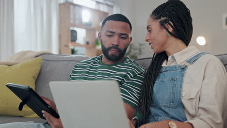 Couple,-sofa-and-tablet-or-computer-for-planning