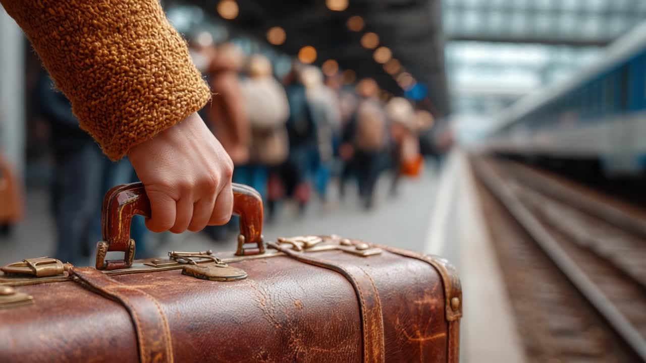 A Traveler's Journey: Capturing the Essence of Departure with a Vintage Suitcase at a Busy Train Station Amidst a Sea of Commuters and Excitement