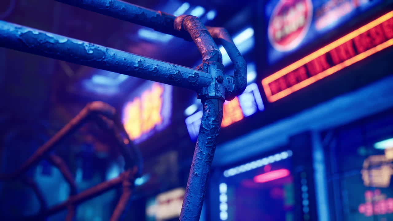 네온 조명과 금속 구조물로 된 사이버 크 도시 풍경