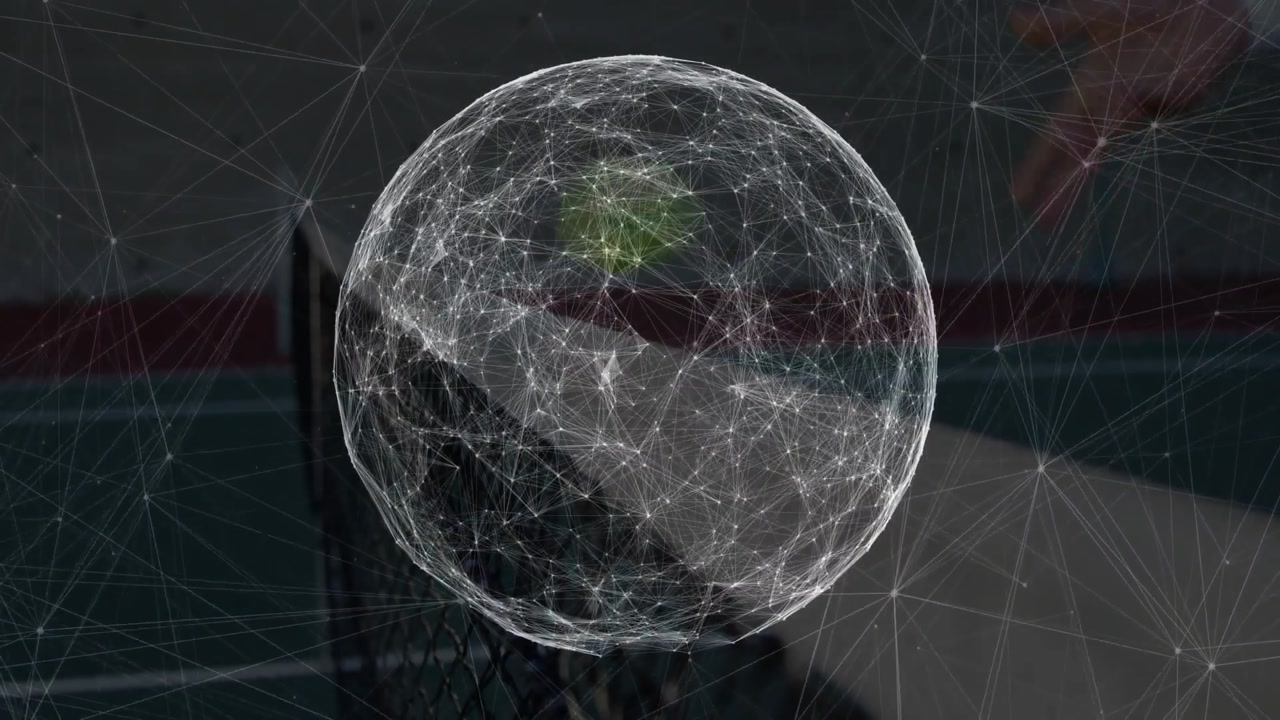 3D network sphere rotating over dark backdrop, showcasing interconnected white nodes and mesh