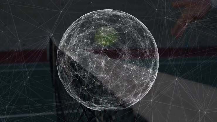 3D network sphere rotating over dark backdrop, showcasing interconnected white nodes and mesh