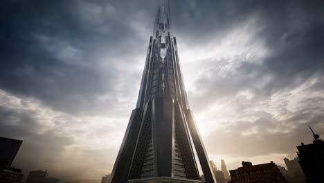towering futuristic skyscraper in a dramatic cityscape