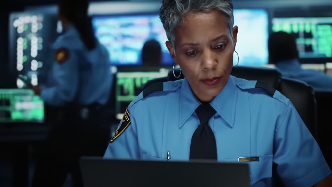 Focused Security Personnel Analyzing Data in High-Tech Control Room with Monitors and Surveillance, Showcasing Vigilance and Expertise in Command Center Operations