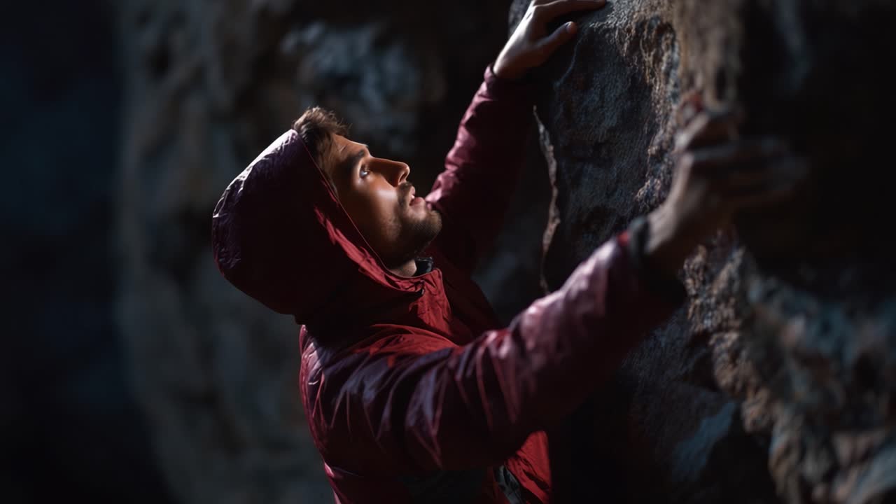 Um explorador determinado sobe superfícies rochosas íngremes, demonstrando habilidade e perseverança contra um cenário dramático de iluminação natural e terreno acidentado.