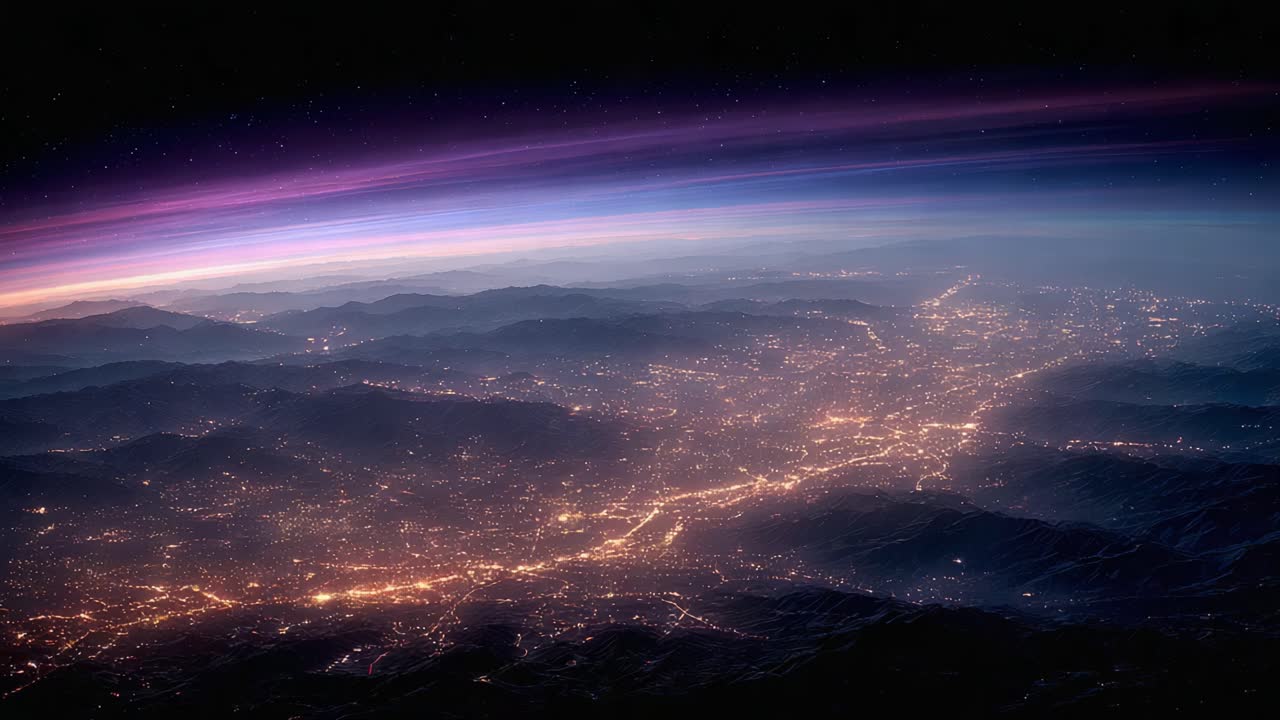 Een adembenemend luchtbeeld van een bruisend stadsgezicht, verlicht door twinkelende lichtjes onder een prachtige nachthemel met astrale kleuren en bergen op de achtergrond