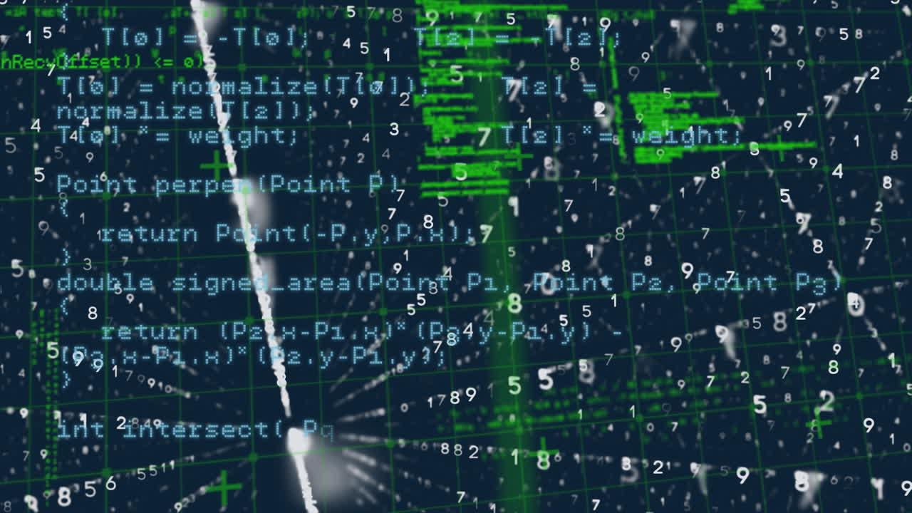 Digital animation of data processing over grid network against blue background