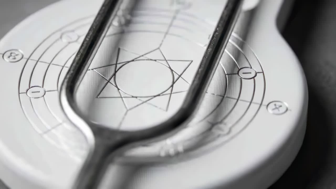 Moving camera shifting forward and angling over tuning fork on disc in studio, revealing engravings