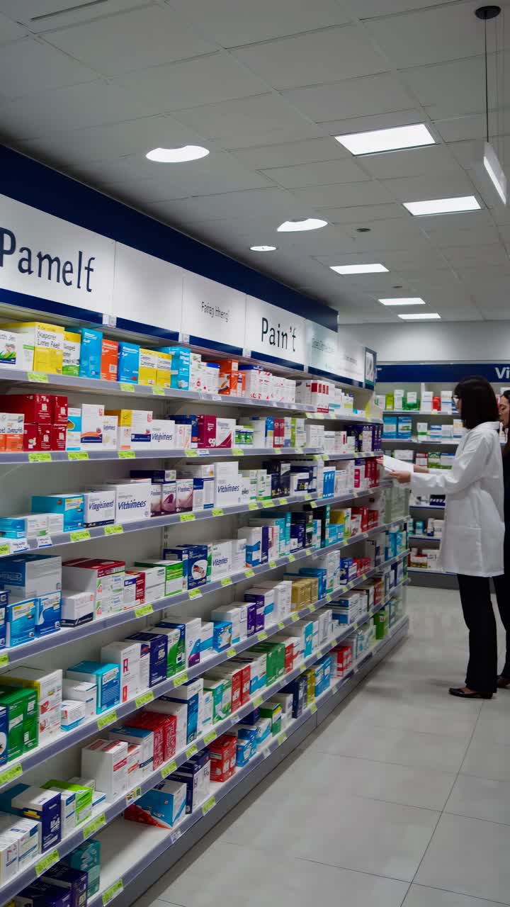 Fotogramma di un video di una corsia di farmacia da un angolo basso, che mostra scatole di medicinali disposte in modo ordinato