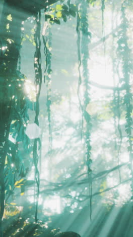 sunbeams shining through the dense foliage of a tropical rainforest