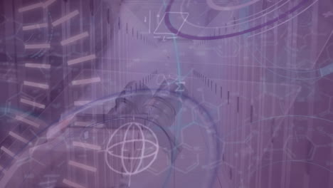 animación de procesamiento de datos y científico caucásico sobre la sala de servidores