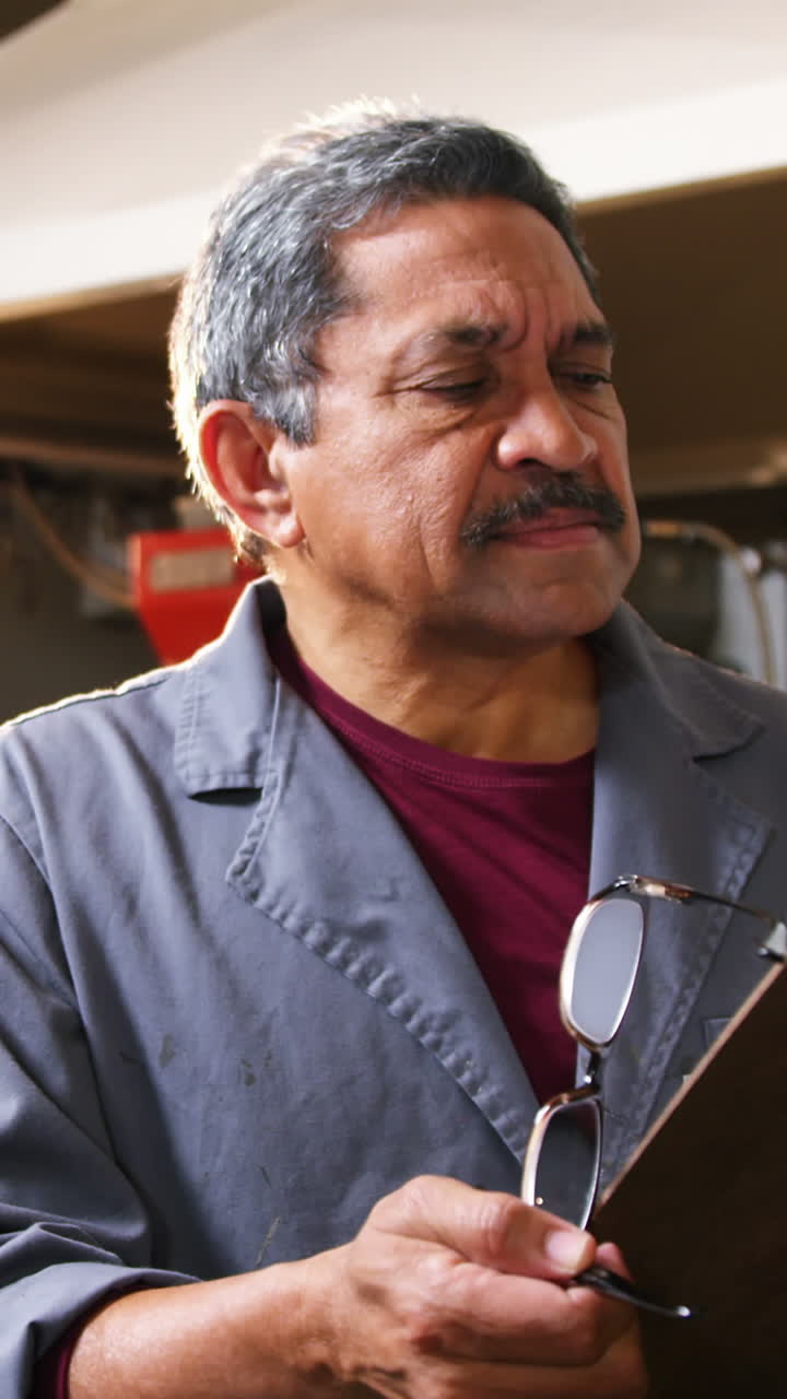 zapatero leyendo el clipboard en el taller