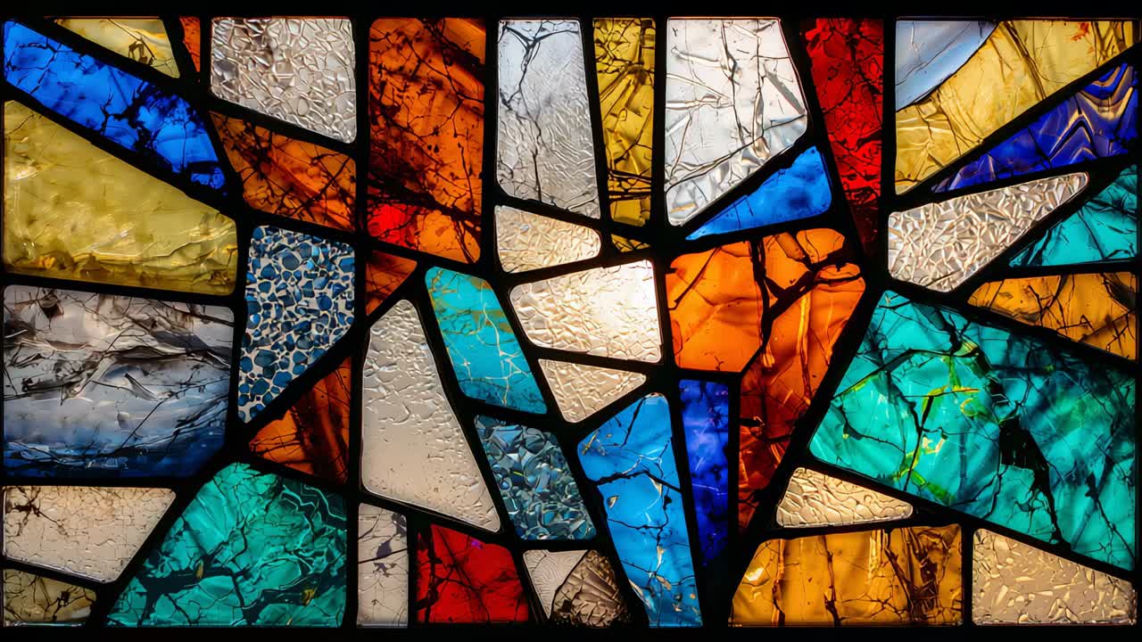Shining light source through stained glass panel at window, coloring fragments with vivid hues