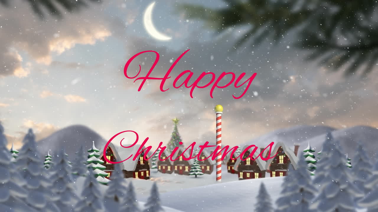 겨울 풍경을 배경으로 해피 크리스마스 텍스트 배너 위에 내리는 눈의 애니메이션