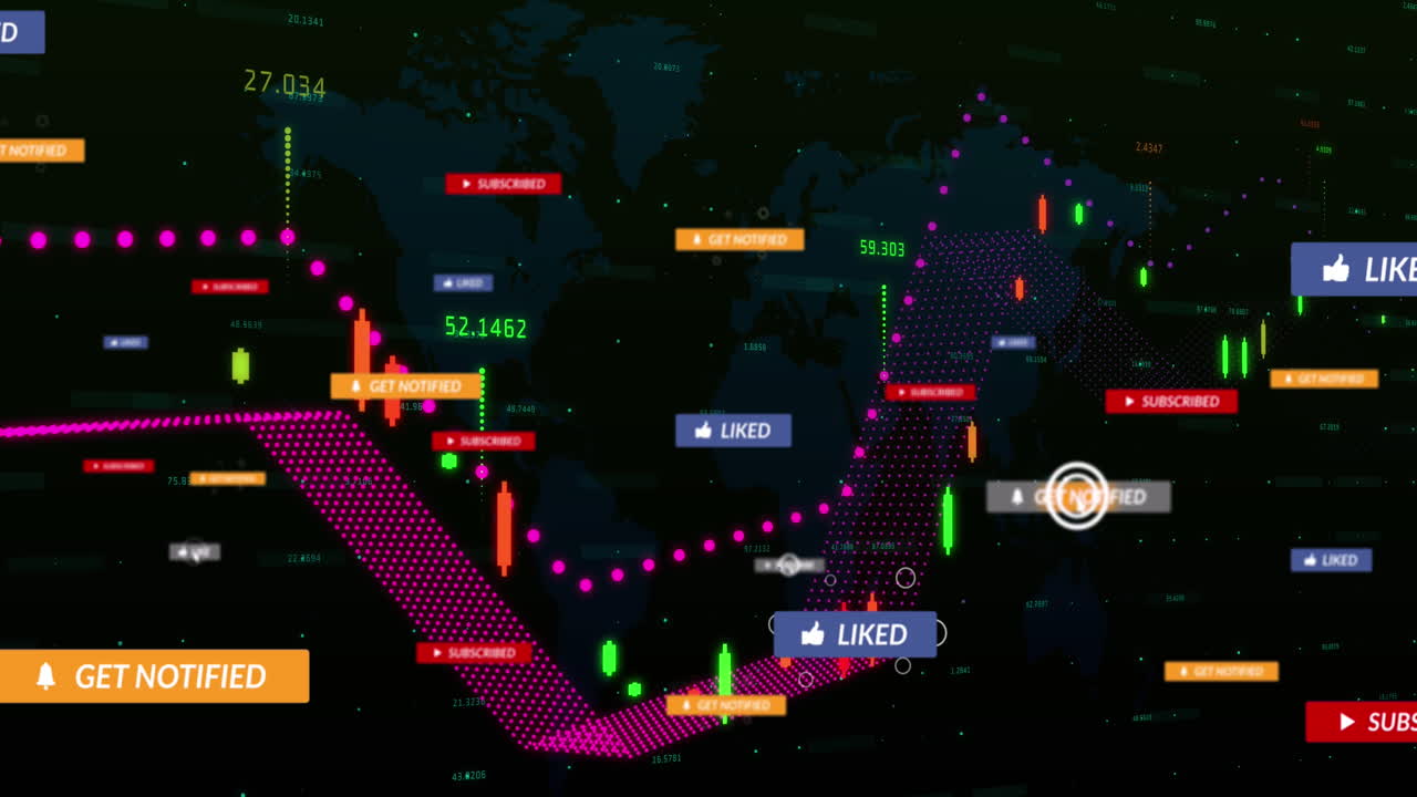 검은색 배경에 그래프와 지도가 있는 알림 바의 애니메이션