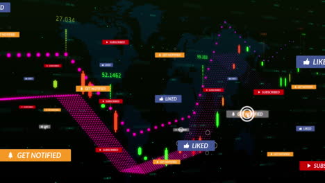 animation of notification bars with graphs and map over black background