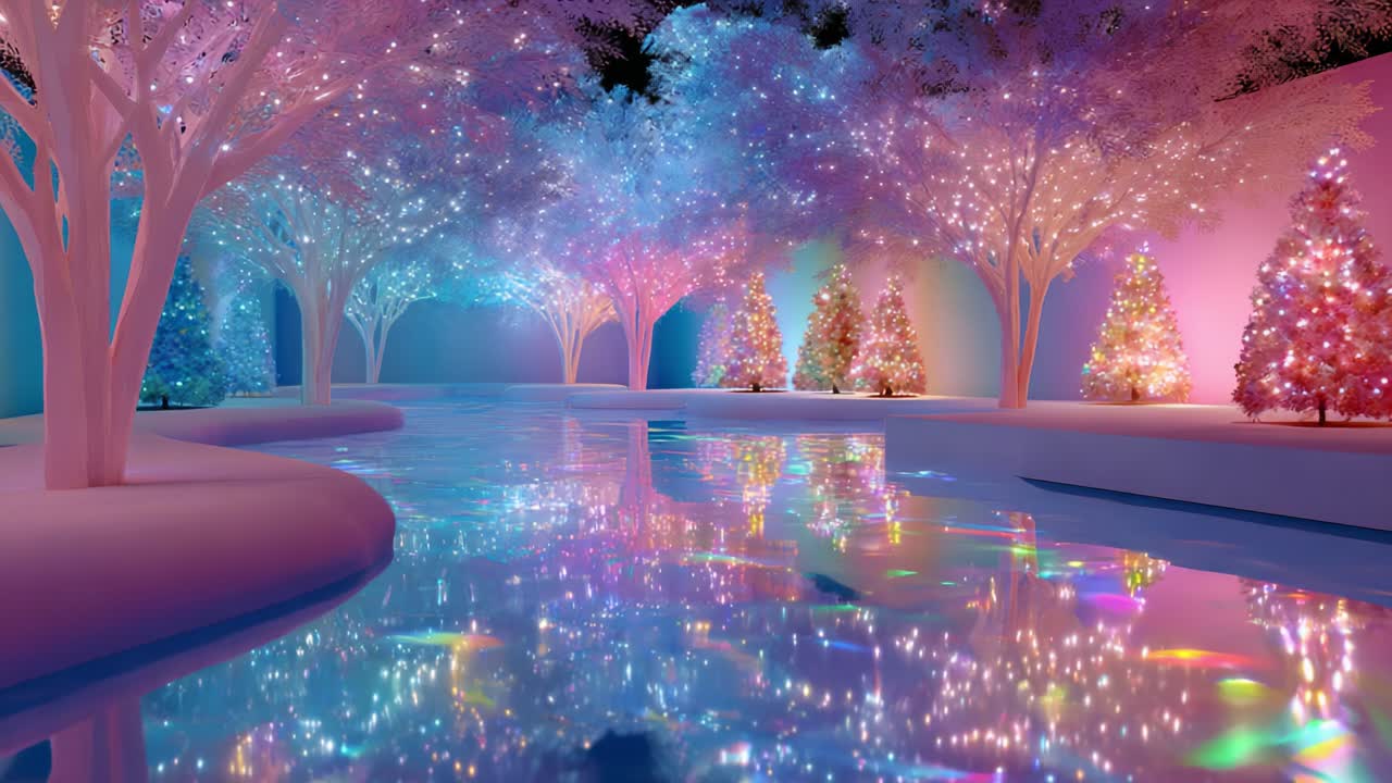 A Magical Winter Wonderland With Luminous Trees and Sparkling Reflections: Explore the Enchantment of a Vibrant Holiday Scene Surrounded by Colorful Lights, Joyful Atmosphere, and Tranquil Waters