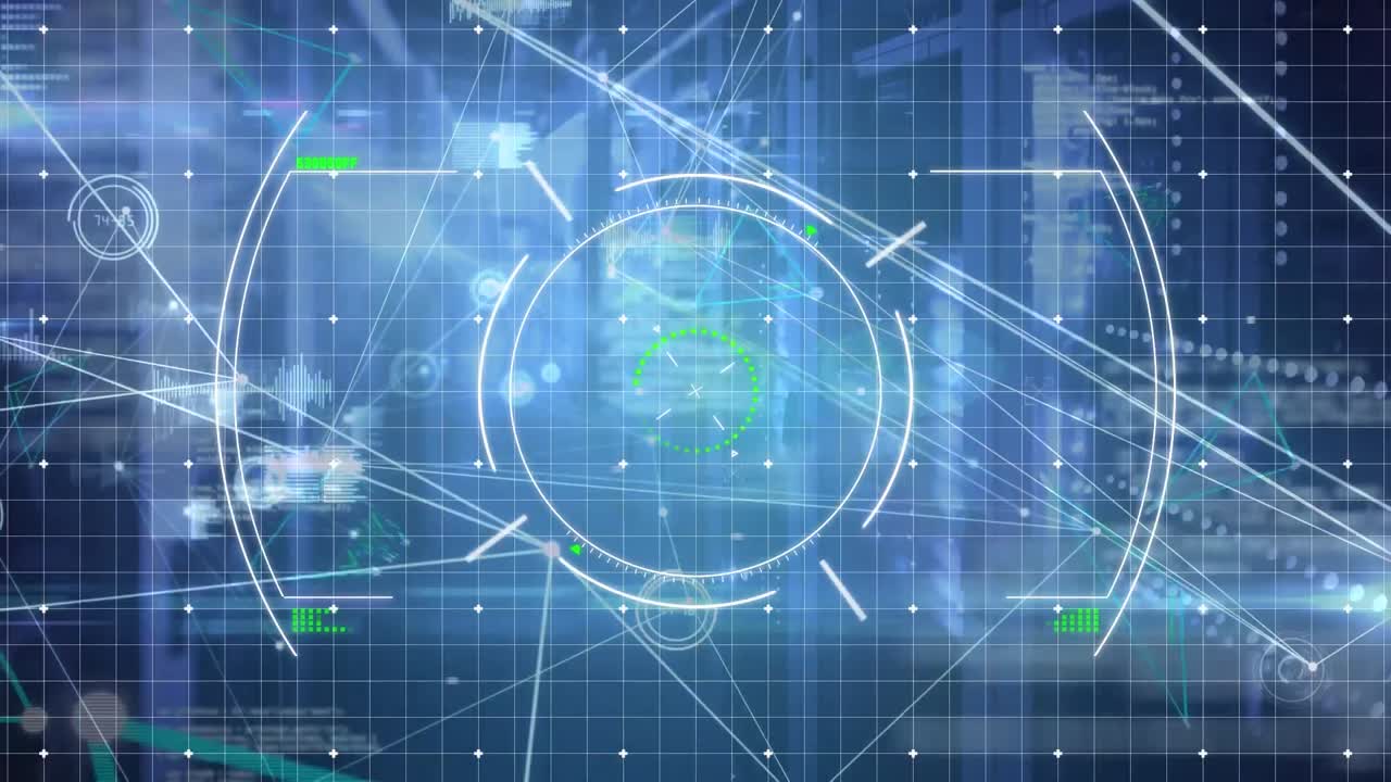 파란색 배경 위에 움직이는 다양한 데이터의 애니메이션