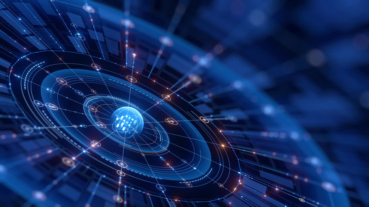 A vibrant blue abstract digital background features intricate interconnected lines, glowing nodes, and concentric circular patterns, symbolizing advanced technology, data flow, and global