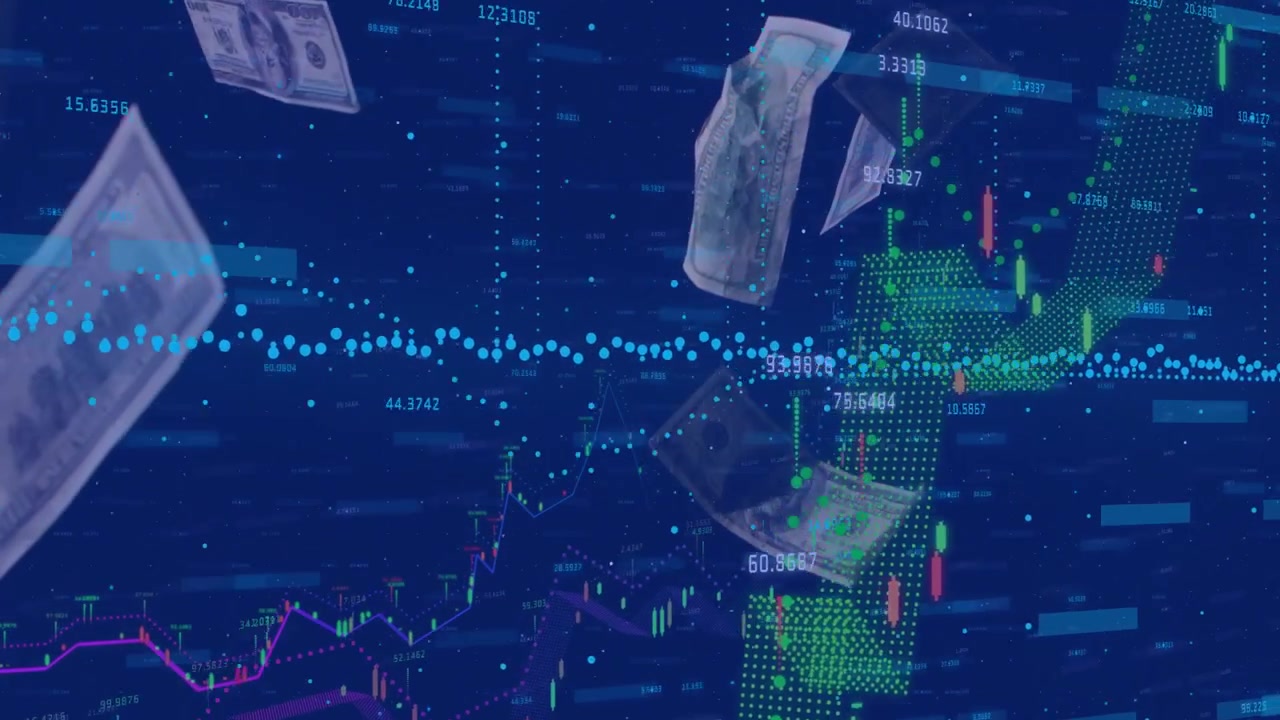 Grafico animato che mostra un aumento, con un nastro giallo che appare e diventa verde, candele che si formano e l'USD che fluttua.