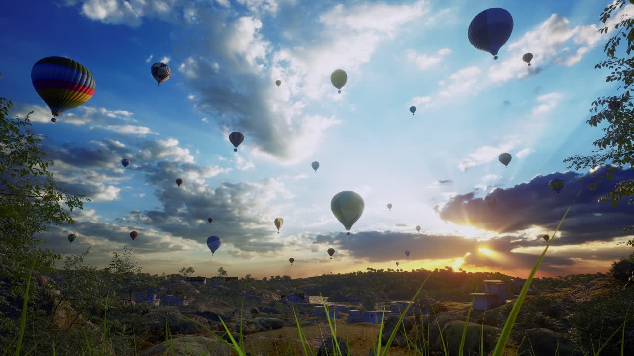 뜨거운 공기 풍선, 서서히 다른 사람들과 함께 도시 위로 날아, 해가 지는 시간