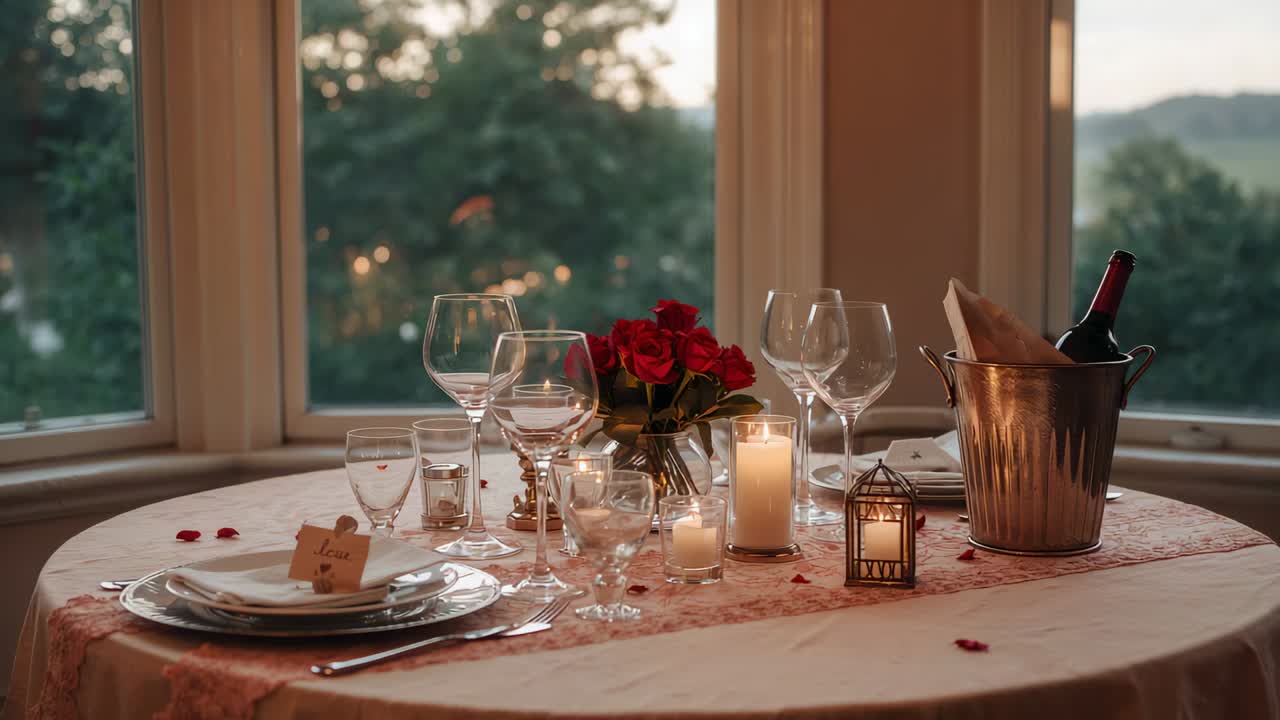 Fading dusk light urging dining table candles flickering and rose bouquet glowing in bay alcove