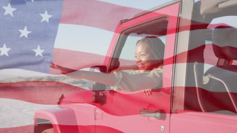 Animation-of-flag-of-usa-over-african-american-woman-sitting-in-car