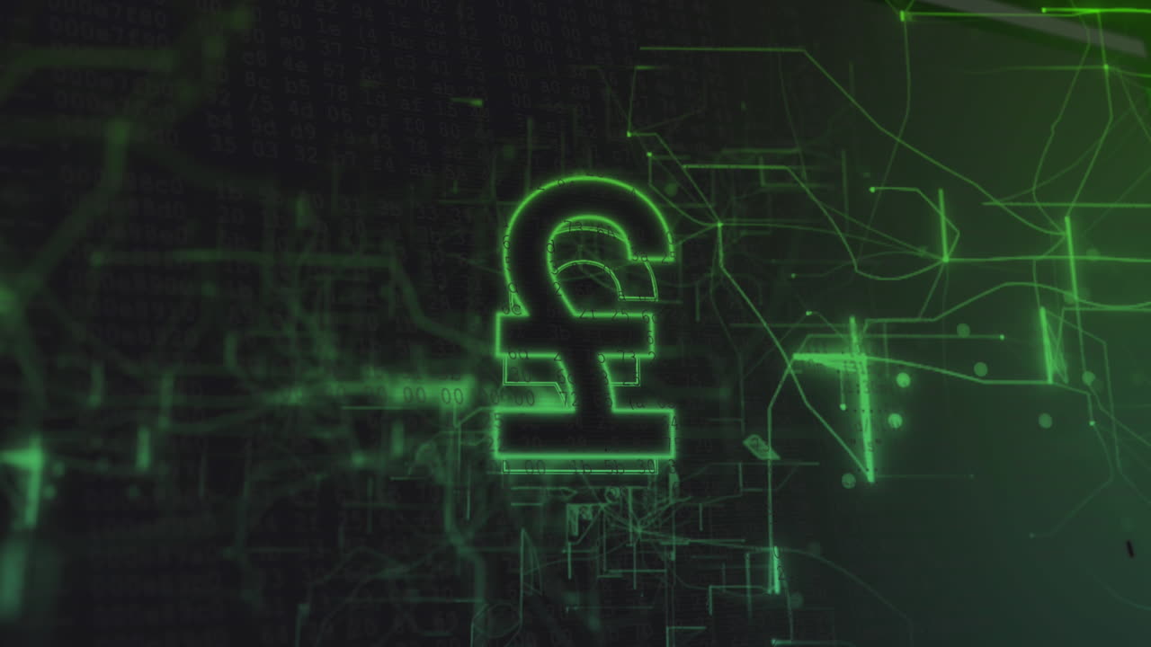 animación del símbolo de la libra británica y procesamiento de datos a través de conexiones.